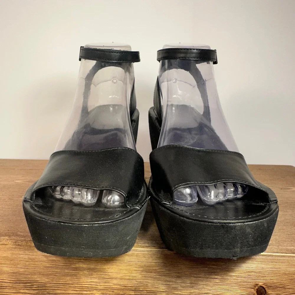 Y2K Platform Wedge Sandals Womens 7.5 Black Scene Emo Mall Goth McBling Clubwear